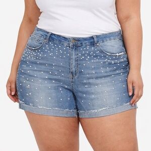 THE STYLE BETWEEN US Beaded Pearls Denim Distressed Jean Cut Off Shorts Plus 22